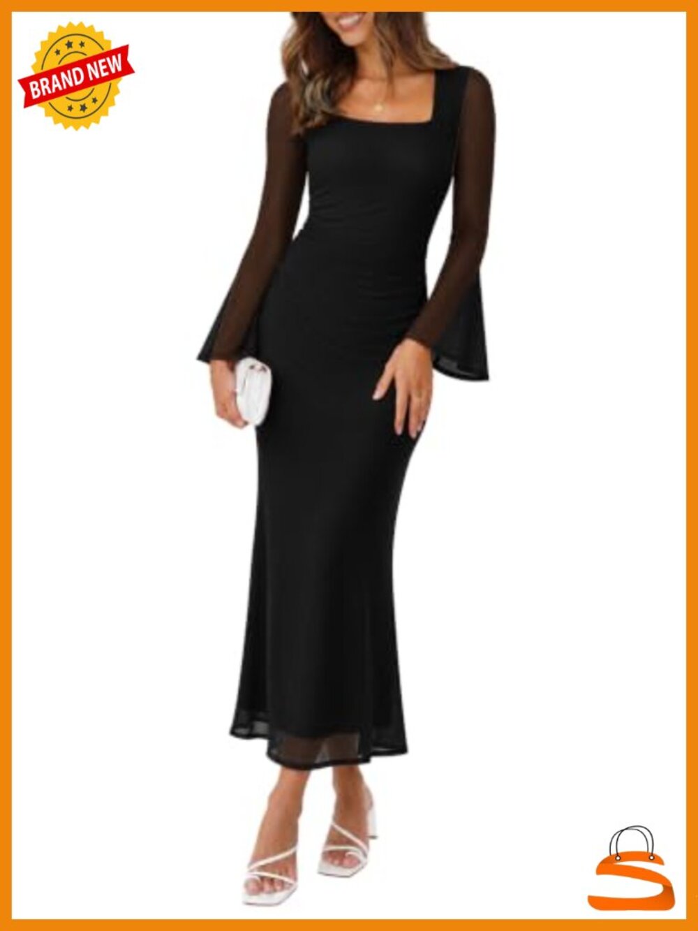 Women's Bodycon Maxi Dress Long Sleeve Square Neck Mermaid Hem Formal Party